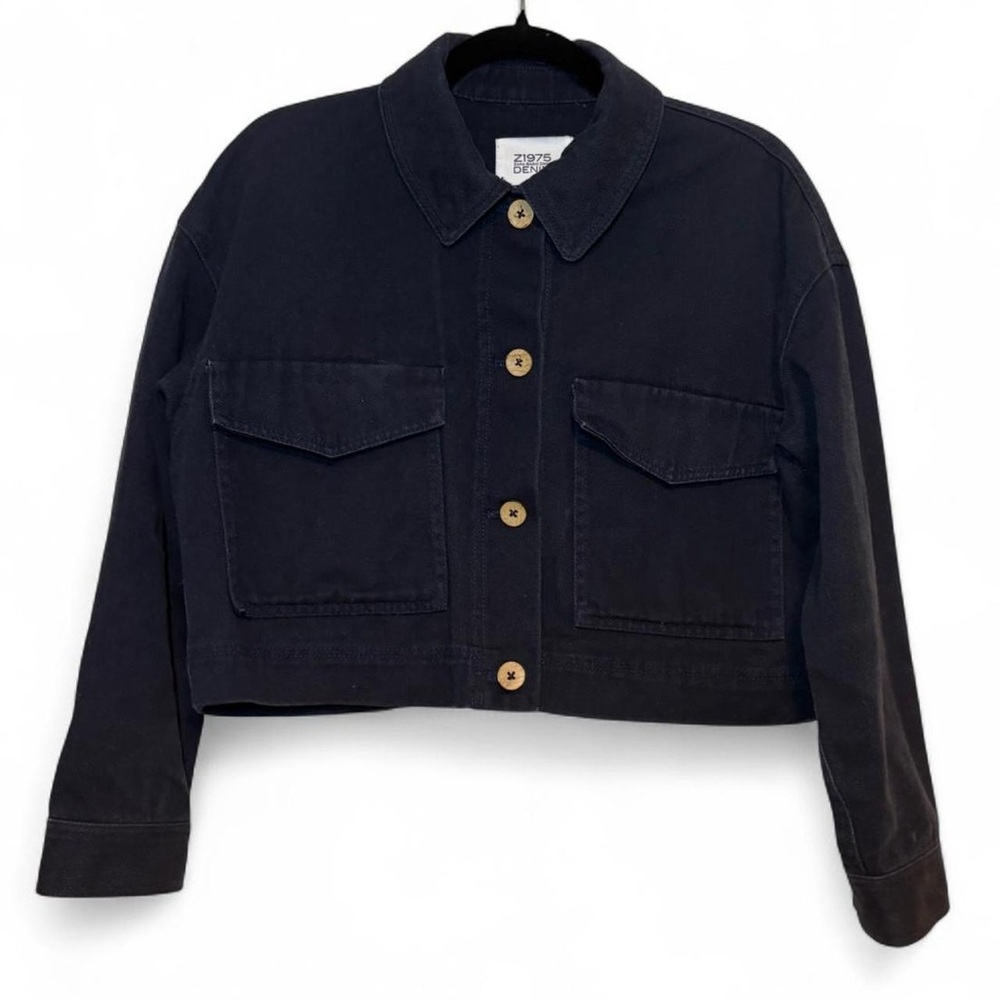 Zara Z1975 Denim Cropped Navy Utility Jacket